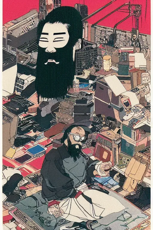 Image similar to awe-inspiring 1980s Japanese cyberpunk style illustration of a grandfather with a beard sitting on the floor by Masamune Shiro and Katsuhiro Otomo, studio ghibli color scheme, dark, complex