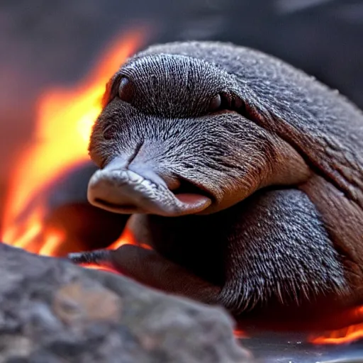 Image similar to a photo of crying platypus, whole burn burning in background