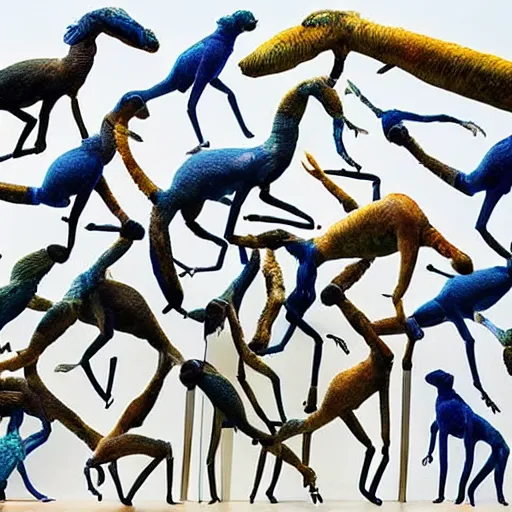 Prompt: A beautiful art installation of a group of creatures that looks like a mix of different animals. Most of the creatures have human-like features, such as arms and legs, and some are standing upright while others are crawling or flying. flax, blue hour by Pipilotti Rist geometric