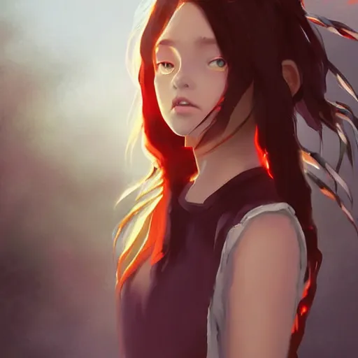 Image similar to Full body, splash art by WLOP, Ilya kuvshinov, Krenz Cushart, and Greg Rutkowski, trending on artstation. Realistic fantasy cute Native Indian young girl with silky hair, wearing a red-sleeved white t-shirt with jeans, she has fire powers, her hair glows astonishing fire flames, Cinematic dramatic atmosphere of a mystic forest, sharp focus, soft volumetric studio lighting