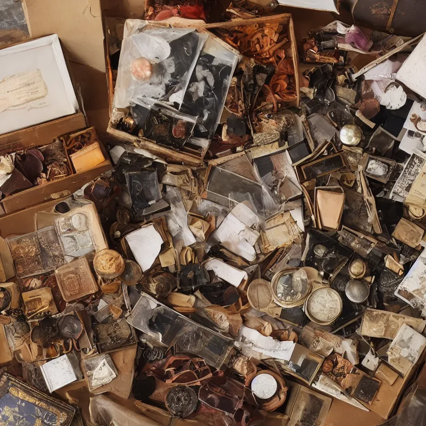 Image similar to a box of rare and valuable objects, various sizes, indoors, photograph