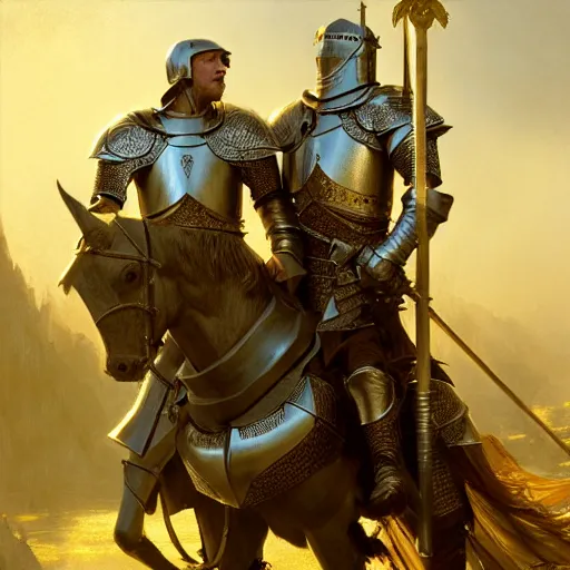 Image similar to attractive arthur pendragon and his favourite attractive male knight, they are in love, camelot, natural lighting, path traced, highly detailed, high quality, digital painting, by gaston bussiere, craig mullins, j. c. leyendecker