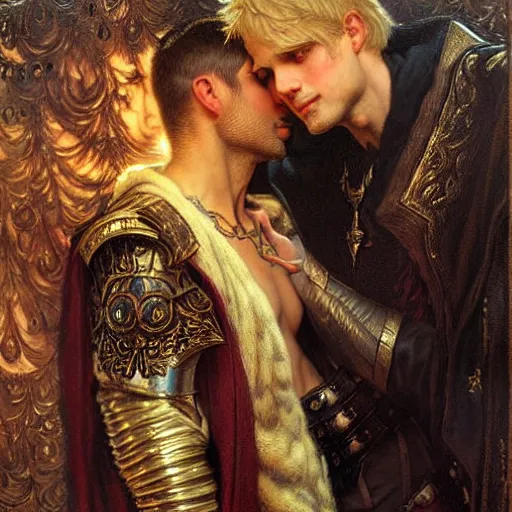 Image similar to stunning arthur pendragon in love with stunning male merlin the mage. they are close to each other, touching, looking. highly detailed painting by gaston bussiere, craig mullins, j. c. leyendecker