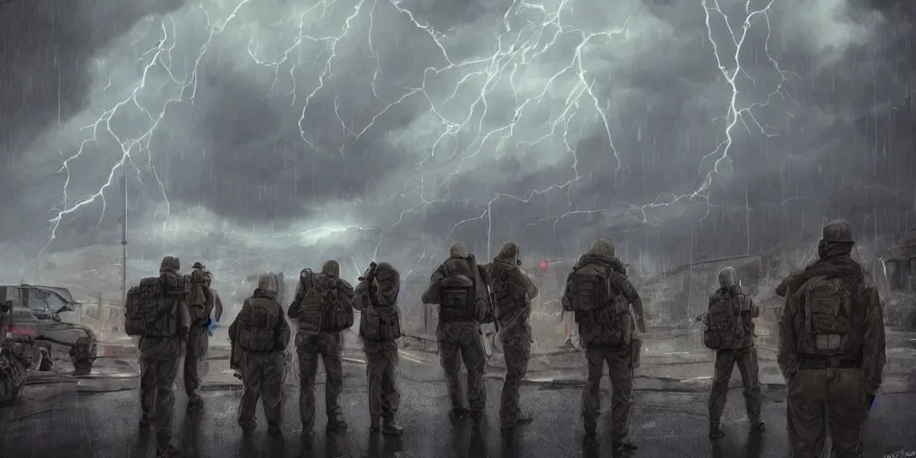 Image similar to private military company operatives standing outside immigration check point with severe weather storms behind, cinematic, realistic, detailed, intricate, digital art, ambient lightning, by jordan grimmer, industrial art style, 3 5 mm film grain, artstation