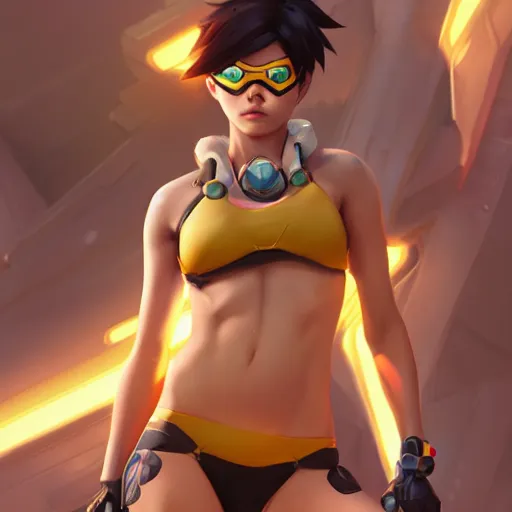 prompthunt: overwatch tracer in a bikini, digital art, pretty face, very  beautiful face, very detailed eyes, 8 k resolution, by wlop, greg  rutkowski, full body