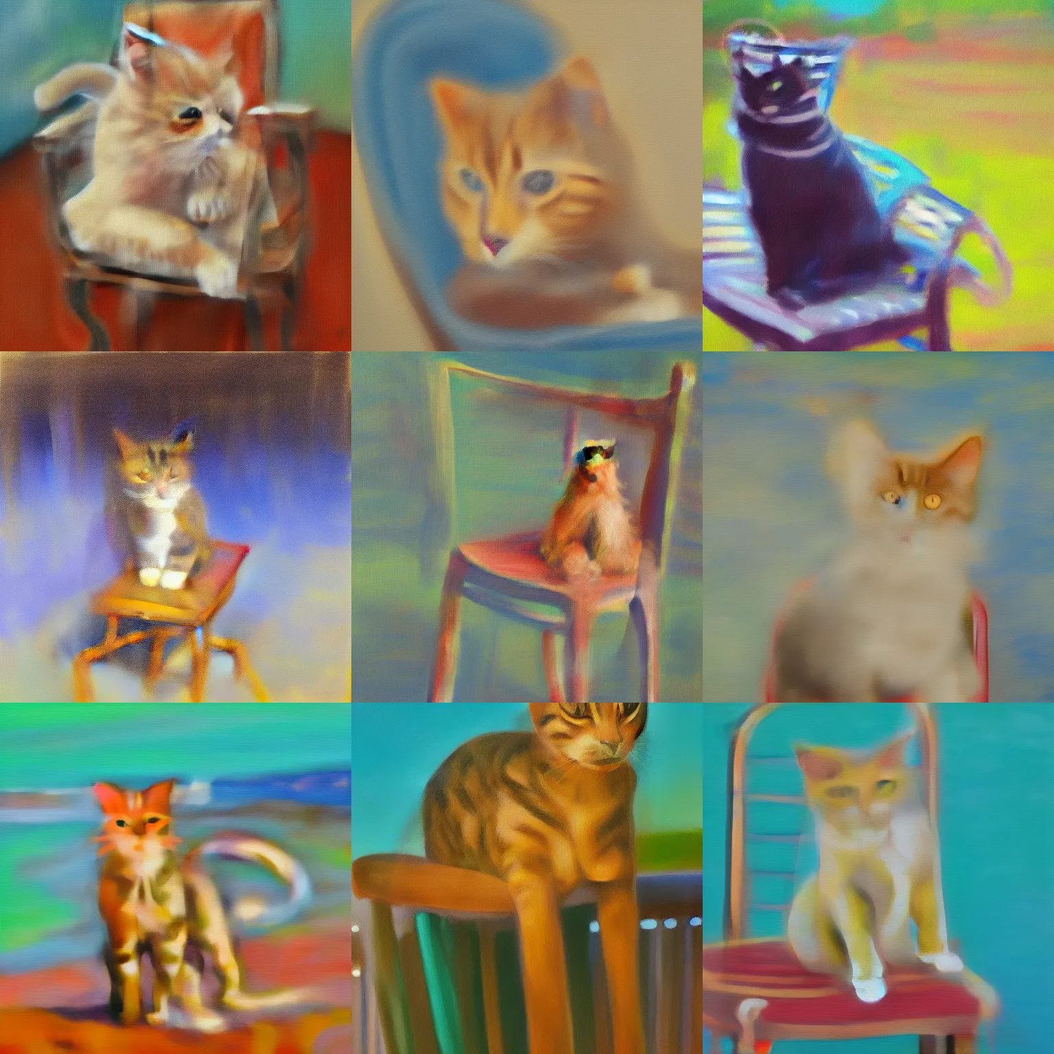 Prompt: impressionist painting of a cat on a chair, near the beach