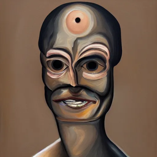 Prompt: a painting of a humanoid espresso machine contorted into a human face, two eyes, a nose, that makes coffee from human souls