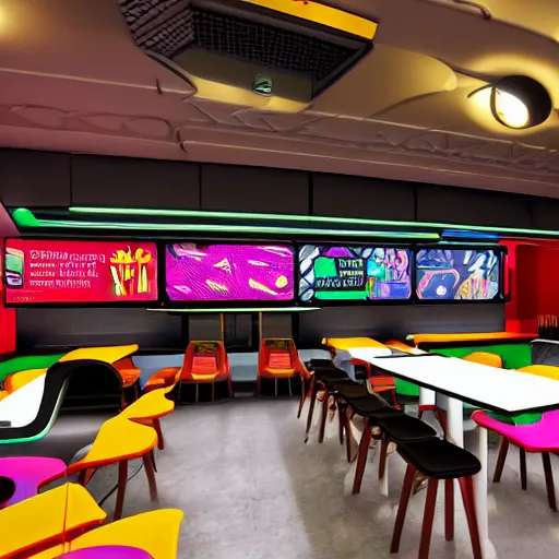 Image similar to cyberpunk mcdonalds in the distant future