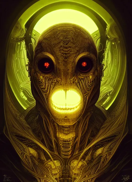 Image similar to symmetry!! portrait of grotesque alien, sci - fi horror, glowing lights!!, intricate, elegant, dark design, highly detailed, dark lighting, digital art, digital painting, artstation, smooth, sharp focus, illustration, art by artgerm and h r giger and greg rutkowski and alphonse mucha, 8 k