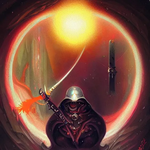 Prompt: a hooded warrior with sword surrounded by glowing spheres by peter mohrbacher