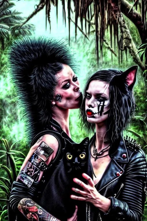Image similar to punk rock girls kissing and making selfie with black cats in jungle , 1980 style, mad max jacket, post apocalyptic, Cyberpunk, renaissance, Gothic, mystic, highly detailed, 4k, fog, oil painting on canvas, Matrix movie, hyper realistic style, fantasy by Olga Fedorova