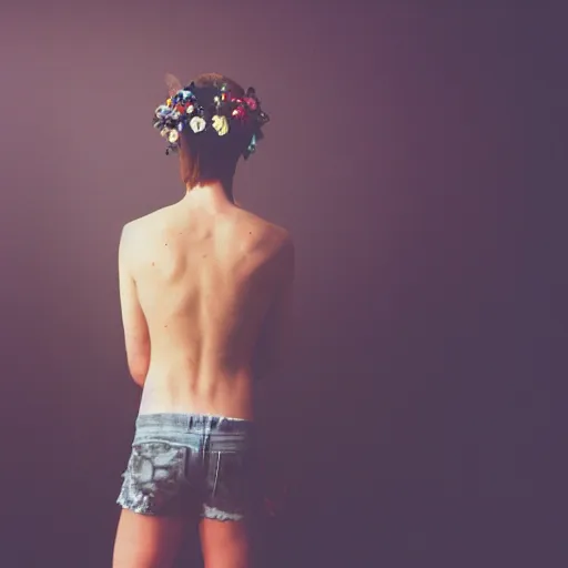 Image similar to kodak portra 4 0 0 photograph of a skinny blonde goth guy standing in a cluttered bedroom, back view, flower crown, moody lighting, telephoto, 9 0 s vibe, blurry background, vaporwave colors, faded!,