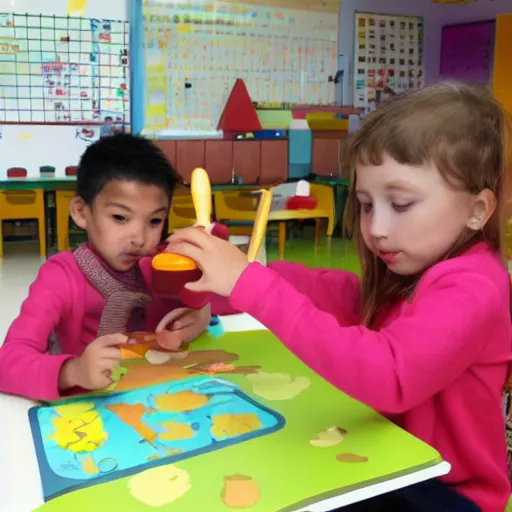 Prompt: kids trying to eat a sausage monster inside an kindergarten