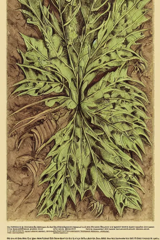 Image similar to scan of the cursed leaves of an old cursed herbarium, by john howe, infographic, textbook, marginalia, cursed, alien