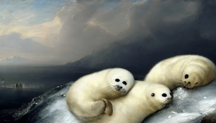 Image similar to highly detailed painting of cute furry white baby seals cuddling into each other on an iceberg by william turner, by greg rutkowski, by william constable, thick brush strokes and visible paint layers, 4 k resolution