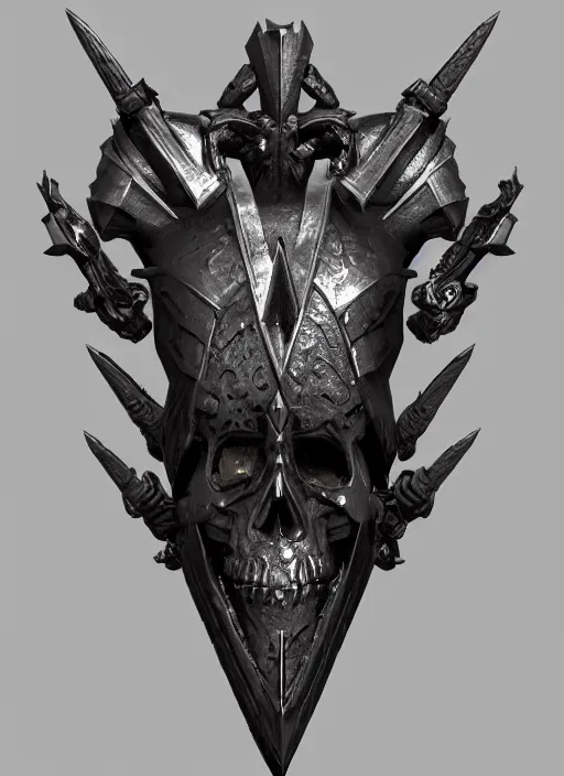 Image similar to a black great sword mini skull crest, orthographic, ornament, weapon, a 3 d render by dom qwek, front side, concept art, trending on polycount, artstation, hard surface modeling, rendered in maya, zbrush, hd, vray, blizzard, symmetry