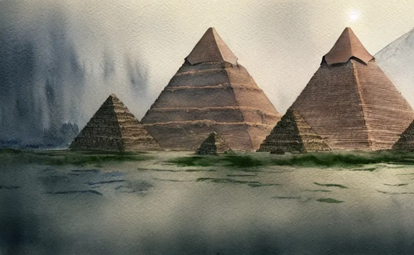 Image similar to a realistic and atmospheric cell - shaded watercolor concept art from howl's moving castle ( 2 0 0 4 ) of a futurist sci - fi city and an egyptian pyramid complex in a flooded rainforest. very dull muted colors, hd, 4 k, hq