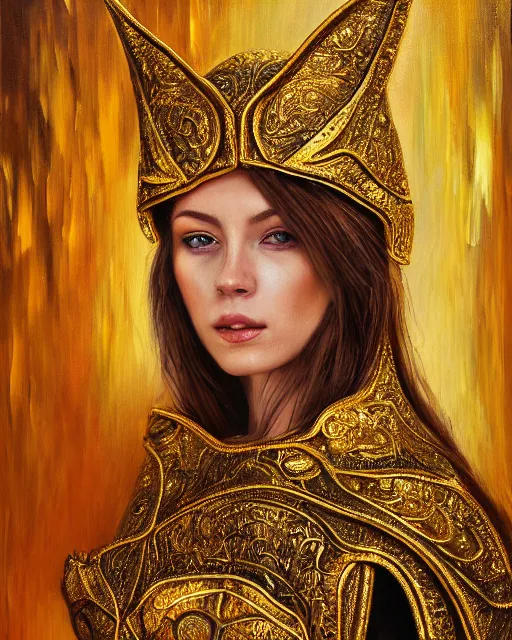 Prompt: oil painting portrait of woman in shining golden armor, high production value, intricate details, high resolution, hdr, high definition, masterpiece, realistic, ultrarealistic, highly detailed, hd, sharp focus, non blurry, sharp, smooth