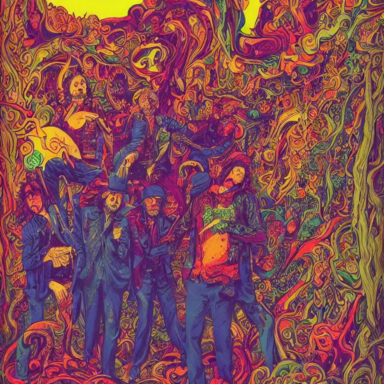 Prompt: beautiful colorful hyperrealist highly detailed psychedelic music poster'zombie beegees ', psychedelic art nouveau, beautiful high contrast colored wood engraving, moebius comic style, shocking detail trending on artstation 8 k