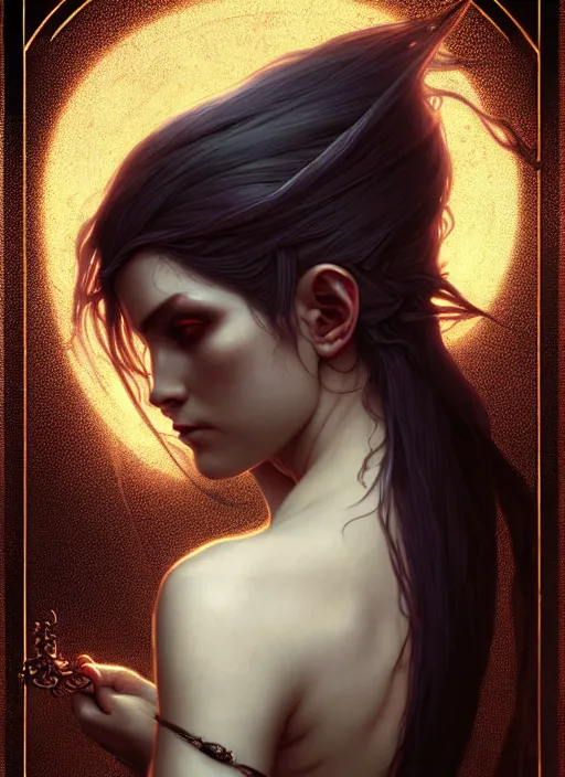 Image similar to Necromancer Sorceress, fantasy magic, undercut hairstyle, dark light night, intricate, elegant, sharp focus, illustration, highly detailed, digital painting, concept art, matte, art by WLOP and Artgerm and Greg Rutkowski and Alphonse Mucha, masterpiece