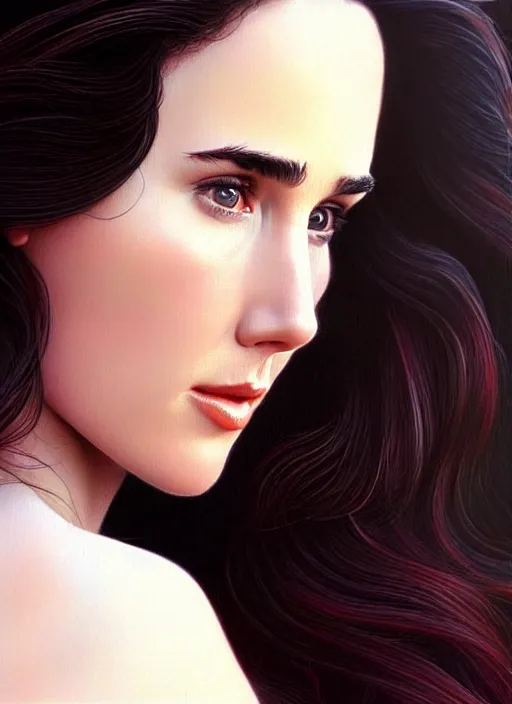 Image similar to a gorgeous young jennifer connelly with long soft hair in the style of stefan kostic, realistic, full body shot, wide angle, sharp focus, 8 k high definition, insanely detailed, intricate, elegant, art by stanley lau and artgerm, floating embers