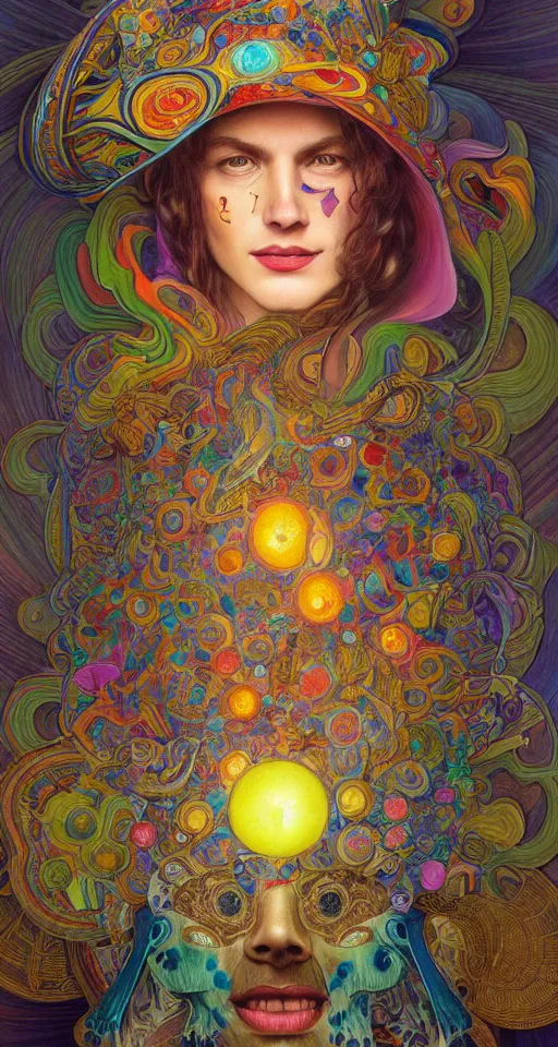 Image similar to An extremely psychedelic celestial smiling Larry Harvey white fedora hat, colorful, surreal, dramatic lighting, magic mushrooms, psilocybin, LSD, detailed, intricate, elegant, highly detailed, digital painting, artstation, concept art, smooth, sharp focus, illustration, art by Krenz Cushart and Artem Demura and alphonse mucha