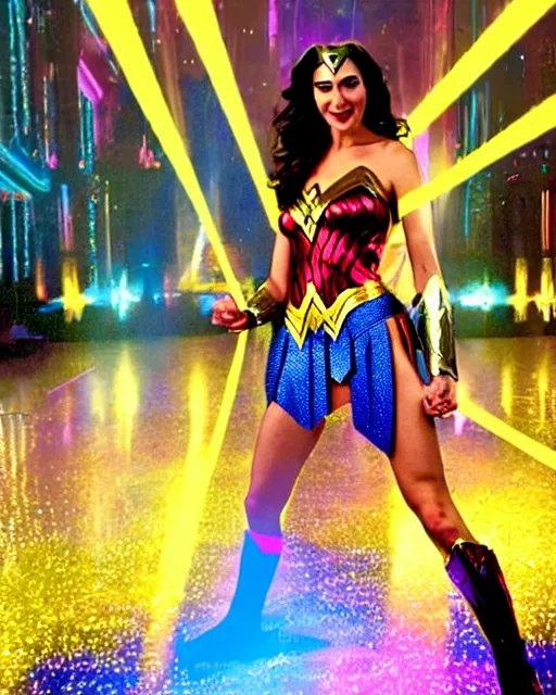 Image similar to gal gadot as wonder woman in saturday night fever dancing at a disco with a glowing illuminated multicolored square tile floor