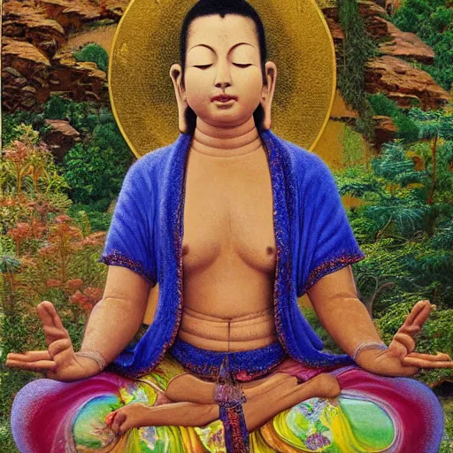 Prompt: contented peaceful biracial!!! female bodhisattva, praying meditating, in a scenic environment, by james christensen and alan bean