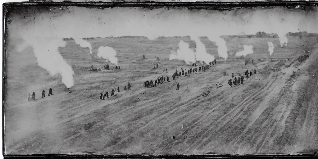 Prompt: american civil war tench battle, long trenches in the ground, musket shots fired, puffs of smoke, aerial view, tintype photograph