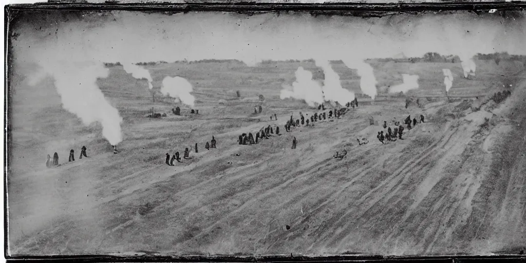 Image similar to american civil war tench battle, long trenches in the ground, musket shots fired, puffs of smoke, aerial view, tintype photograph