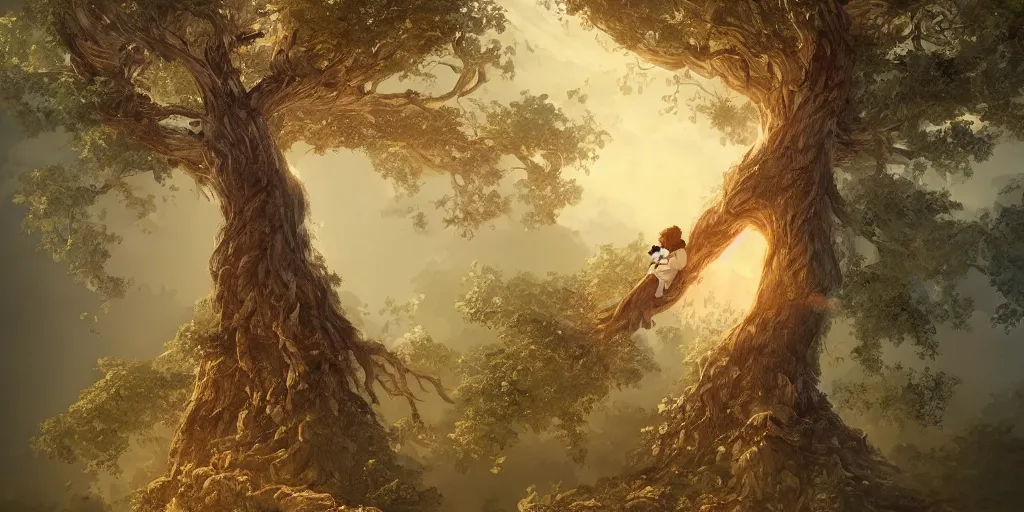Prompt: a beautiful giant tree growing in the middle of a great Victorian library. a child climbing the tree. 4K, featured on artstation, book cover