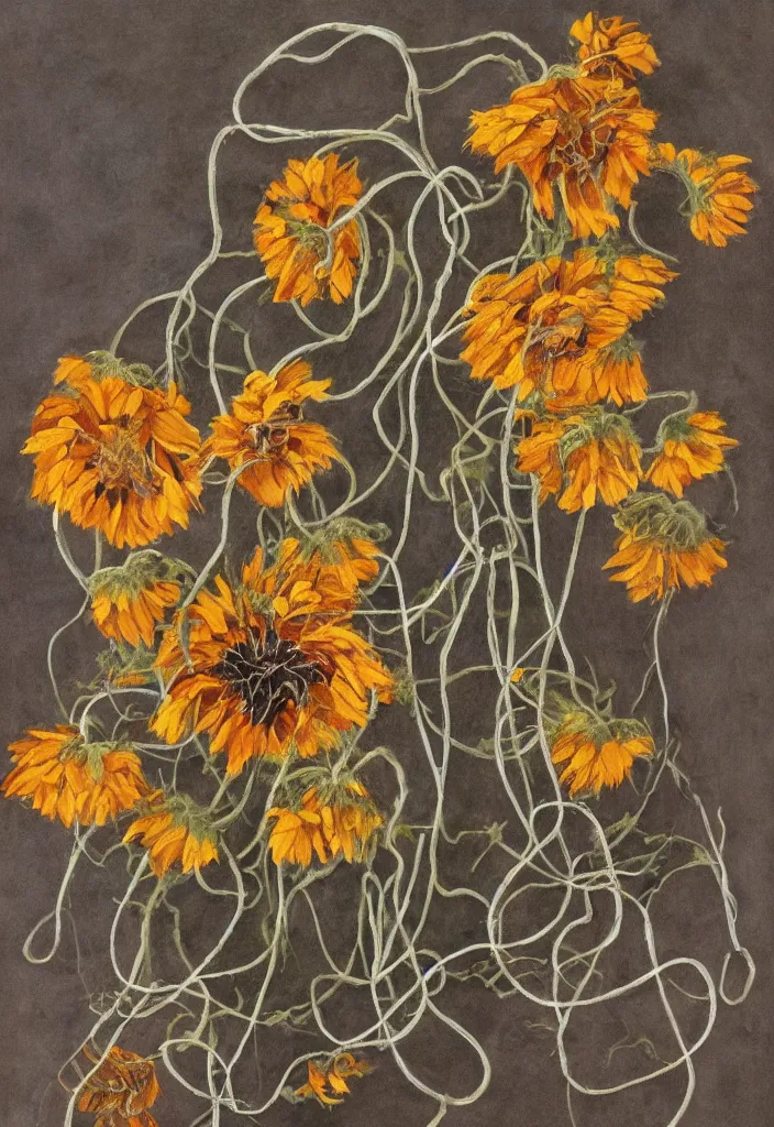 Image similar to award winning fine artwork about withered sunflowers and dry nasturtiums with vines, dark tones