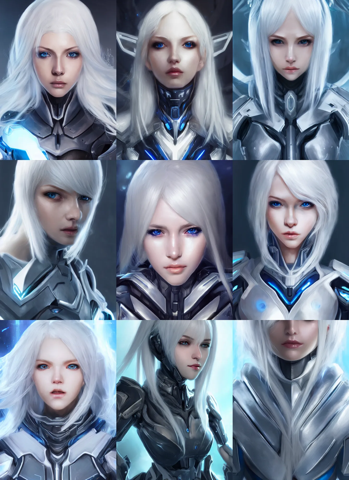 Image similar to detailed portrait of perfect white haired girl, android, warframe armor, beautiful, pretty face, blue cyborg eyes, innocent, scifi, 4 k, sun yunjoo, ultra realistic, aura of light, cinematic lighting, highly detailed, sharp focus, artstation, masterpiece, art by hyungjin yang