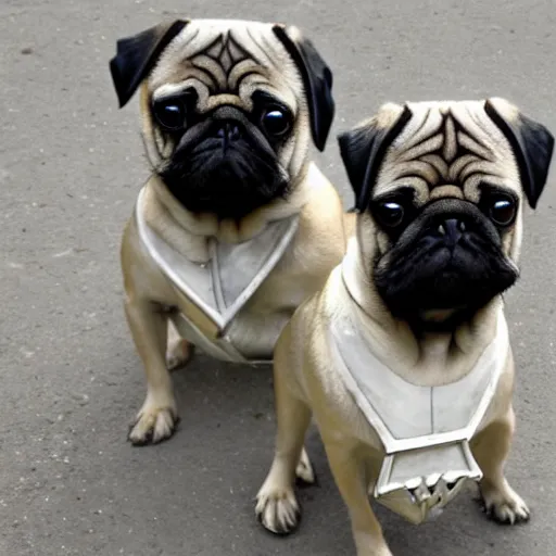 Image similar to pugs with armor, reflections, shiny, Excalibur,