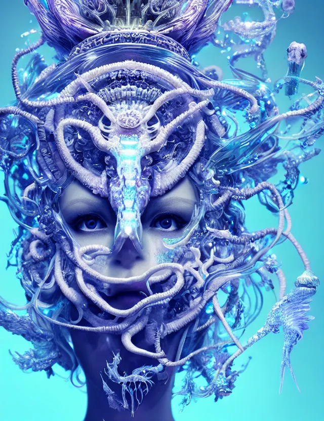 Image similar to goddess macro close - up portrait in crown made of ram skull. betta fish, jellyfish phoenix, bioluminiscent, plasma, ice, water, wind, creature, super intricate ornaments artwork by tooth wu and wlop and beeple and greg rutkowski