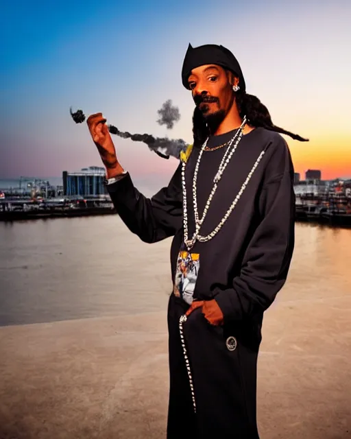 Image similar to snoop Dogg dressed as The girl with the pearl earring, smoking, Long Beach background, sunset