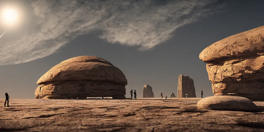 Image similar to a huge monolithic alien structure in the desert, a large line of people are walking toward it, single file, in the foreground on a rock an alien frog is catching a fly with its tongue, two suns are in the sky, clear skies, volumetric light, hyperdetailed, artstation, cgsociety, 8k