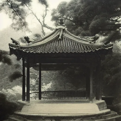 Image similar to small pavilion in the forest, by lang jingshan,