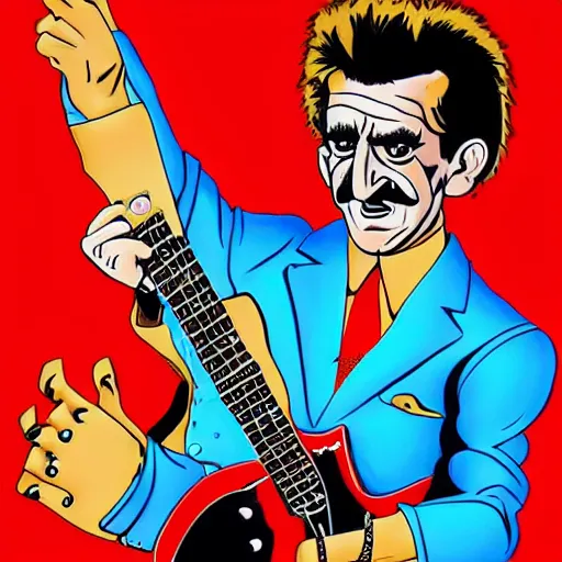 Image similar to Barry Chuckle Shredding on an electric guitar in the style of Jason Edmiston and Gary Panter