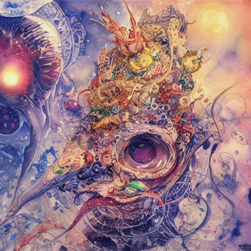 Image similar to cosmic pizza, watercolor, pen and ink, intricate line drawings, by Yoshitaka Amano, Ruan Jia, Kentaro Miura, Artgerm, detailed, trending on artstation, hd, masterpiece,