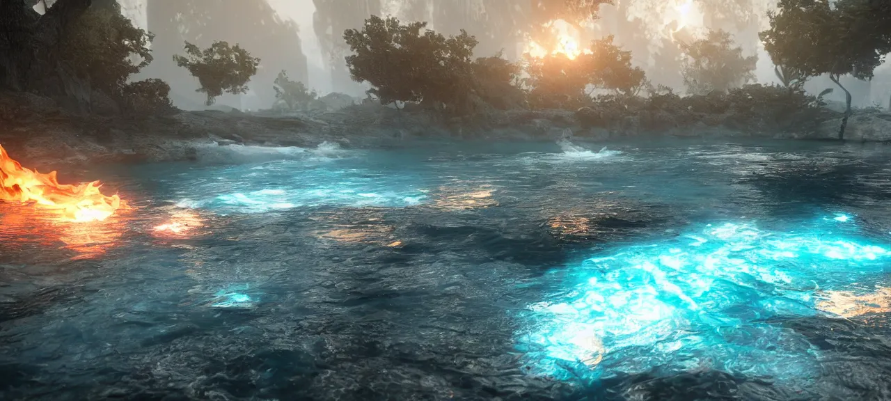 Prompt: Imagination of water in shapes of fire, photorealistic, Unreal Engine 5