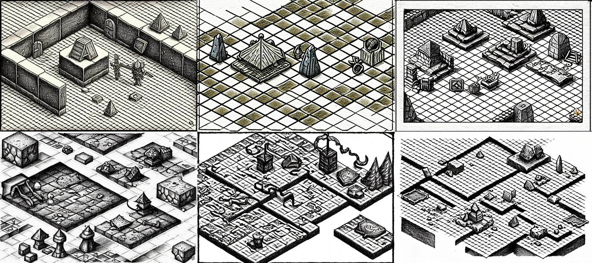 Prompt: an absurdly-detailed isometric fantasy scene pencil drawing as a fancy square tile