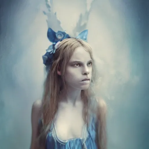 Prompt: beautiful portrait of Alice in wonderland by cy Twombly and BASTIEN LECOUFFE DEHARME, iridescent, volumetric lighting, light blue and white