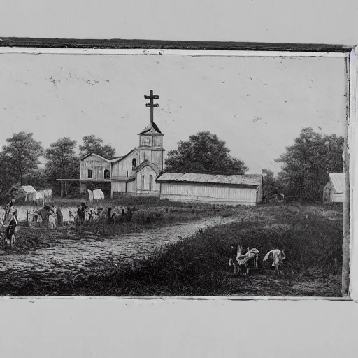 Prompt: 1 9 th century southern gothic scene of a religious gathering, louisiana, bayou in the background, old white wooden church