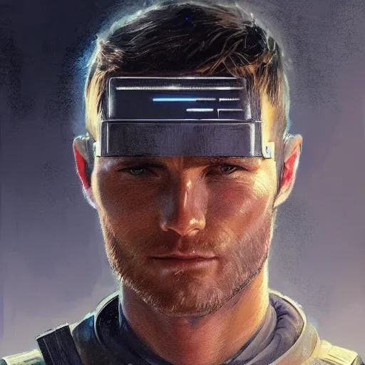 Image similar to portrait of a man by greg rutkowski, jedi commander, he looks like scott eastwood, wearing the tactical gear of the galactic alliance, star wars expanded universe, he is about 5 0 years old, highly detailed portrait, digital painting, artstation, concept art, smooth, sharp foccus ilustration, artstation hq