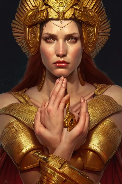 Prompt: The angry Godess Hera, portrait, highly detailed, digital painting, artstation, concept art, smooth, detailed armor, sharp focus, beautiful face, symmetric face, cinematic, videogame cover art, illustration, fantasy, art by Artgerm and Greg Rutkowski and Alphonse Mucha