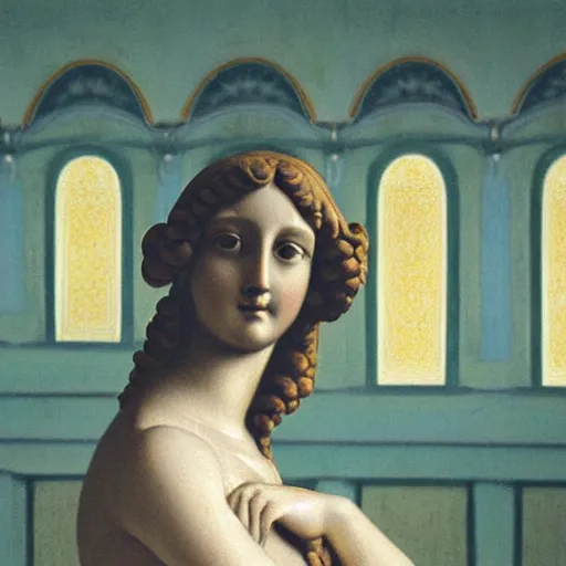 Image similar to close - up of a girl in a temple, film still by wes anderson, depicted by canova, by leon battista alberti, limited color palette, very intricate, art nouveau, highly detailed, lights by hopper, soft pastel colors, minimalist