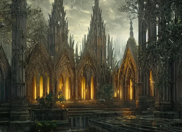 Image similar to A temple church in a beautiful elven city made of black and gold marble, anime, lush trees, fountain, a fantasy digital painting by Greg Rutkowski and James Gurney, trending on Artstation, highly detailed
