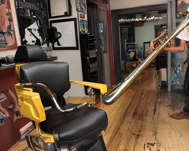 Image similar to Trombone chainsaw cyberpunk barbershop