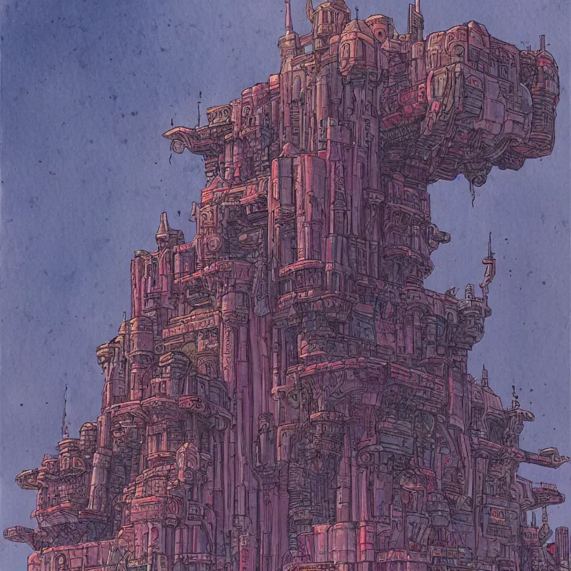 Image similar to a watercolor ink painting of a cyberpunk castle in the style of jean giraud in the style of moebius trending on artstation deviantart pinterest detailed realistic hd 8 k high resolution